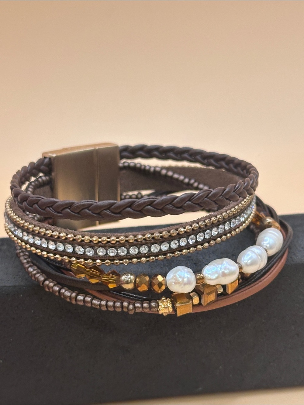 Multi-Strand Brown & Gold Beaded Wrap Bracelet with Pearls